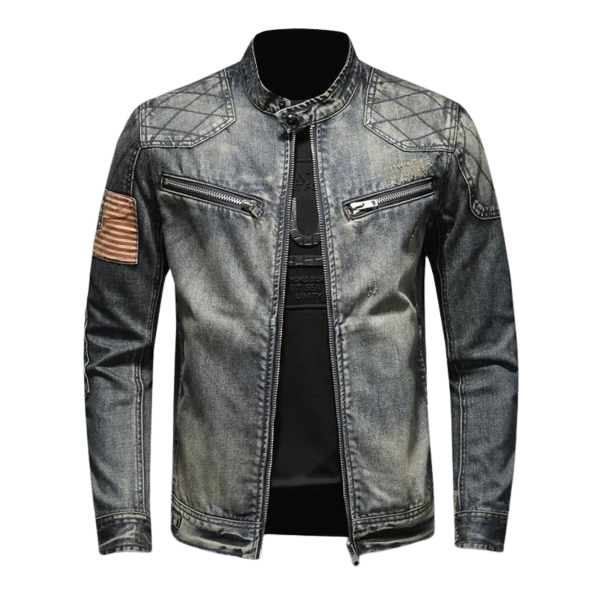 Adria Quilted-Shoulder Denim Jacket - Black