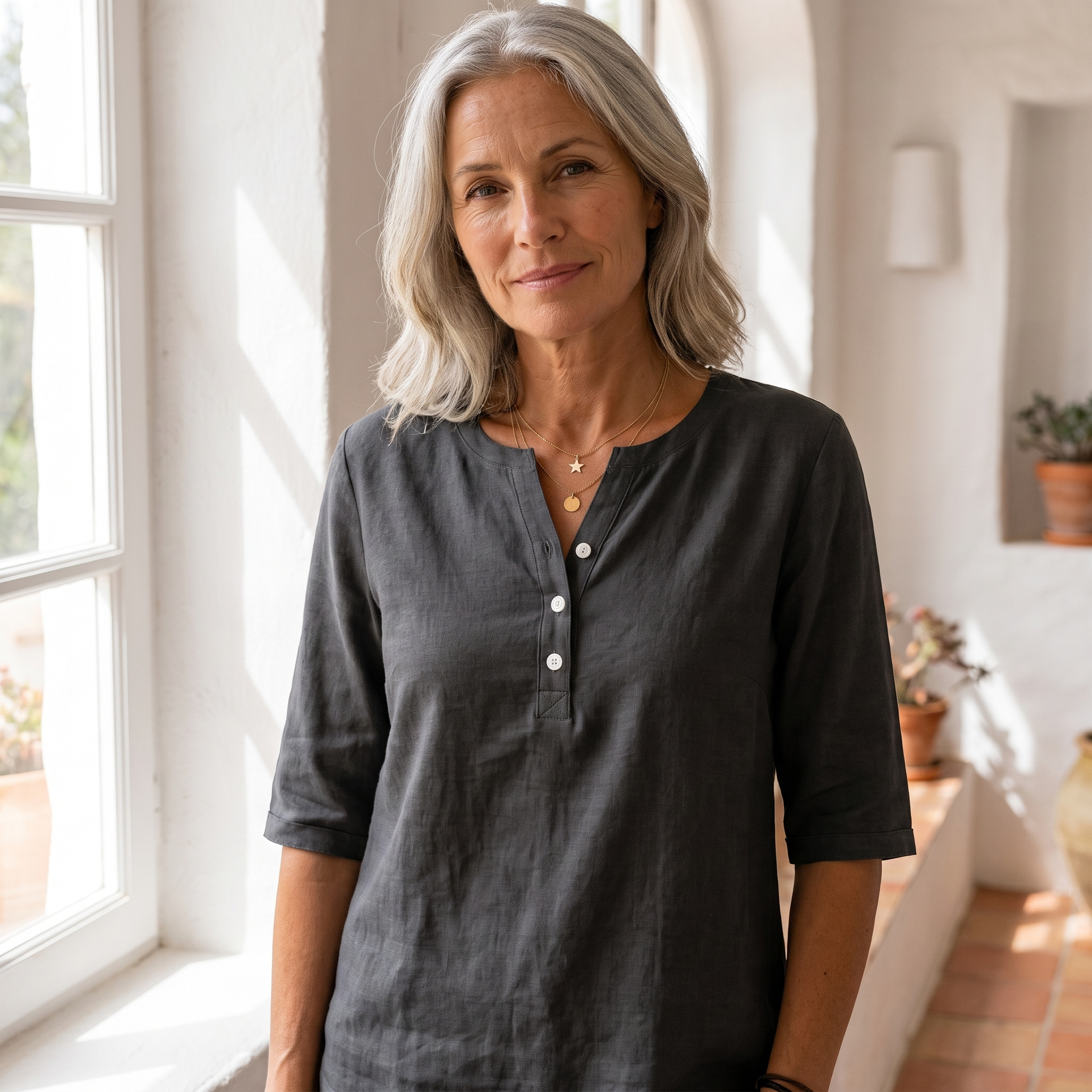 Henley Button Top - Black