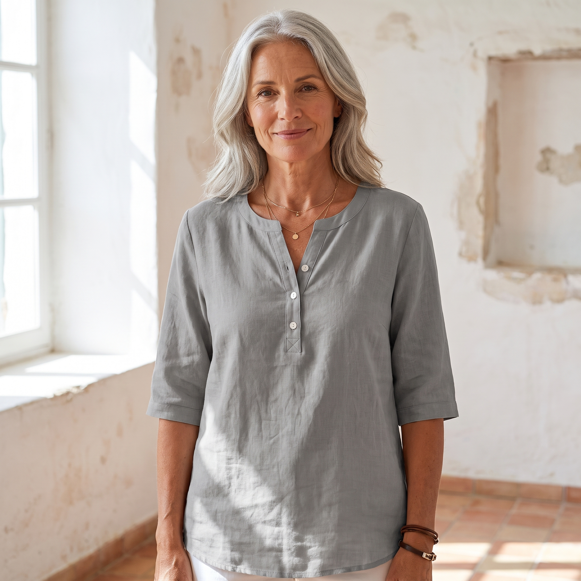 Henley Button Top - Grey