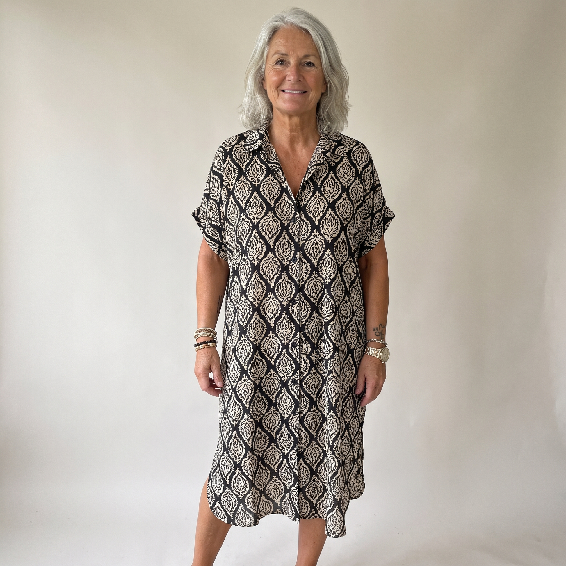 Printed Shirt Dress - Black