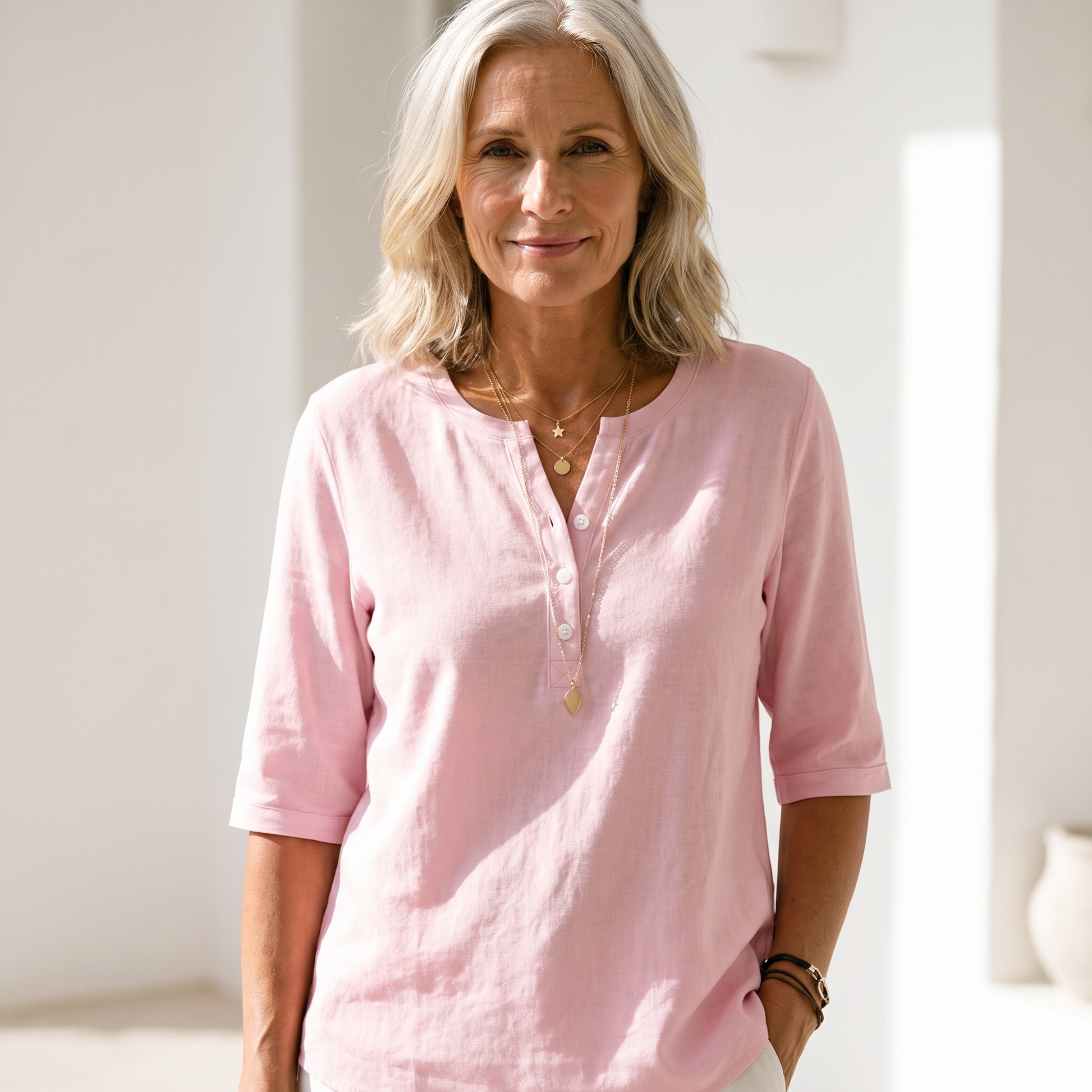 Henley Button Top - Pink