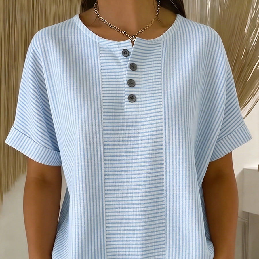 Striped Button Top - Light Blue