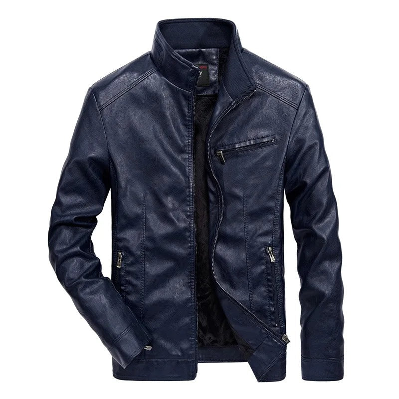 Treviglio Stand-Collar Leather Jacket - Navy Blue