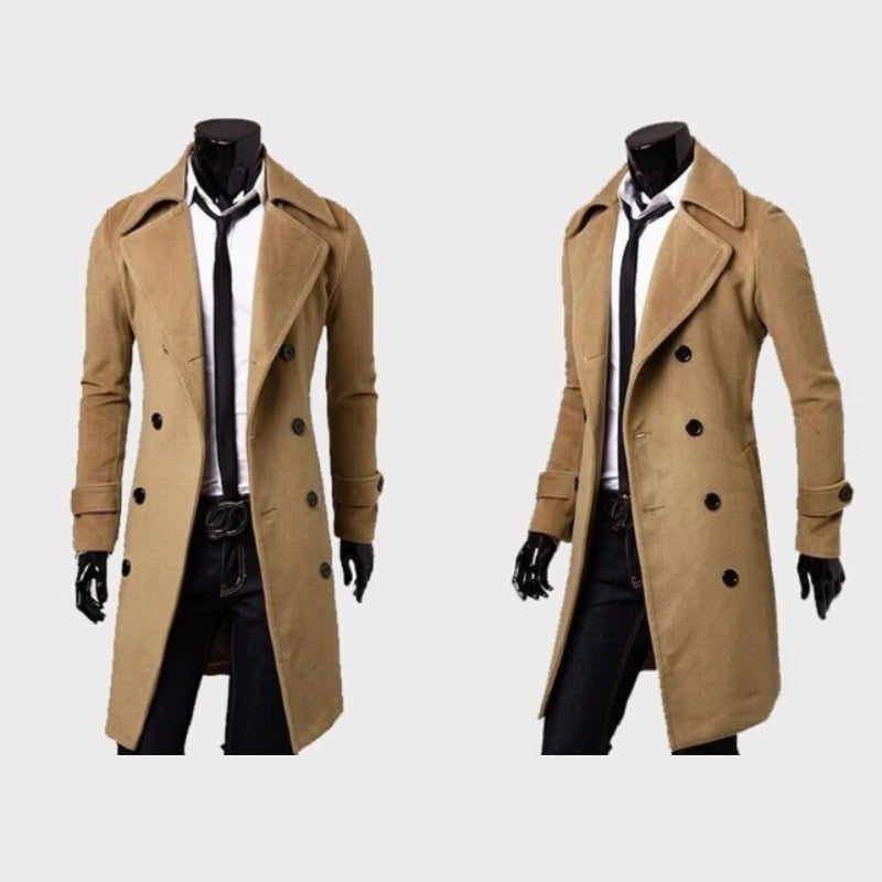 Vinci Double-Breasted Long Overcoat - Khaki
