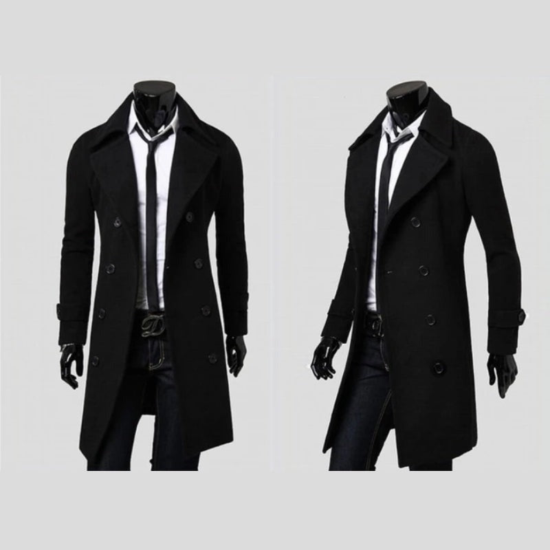 Vinci Double-Breasted Long Overcoat - Black