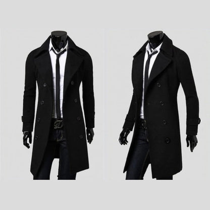 Vinci Double-Breasted Long Overcoat - Black