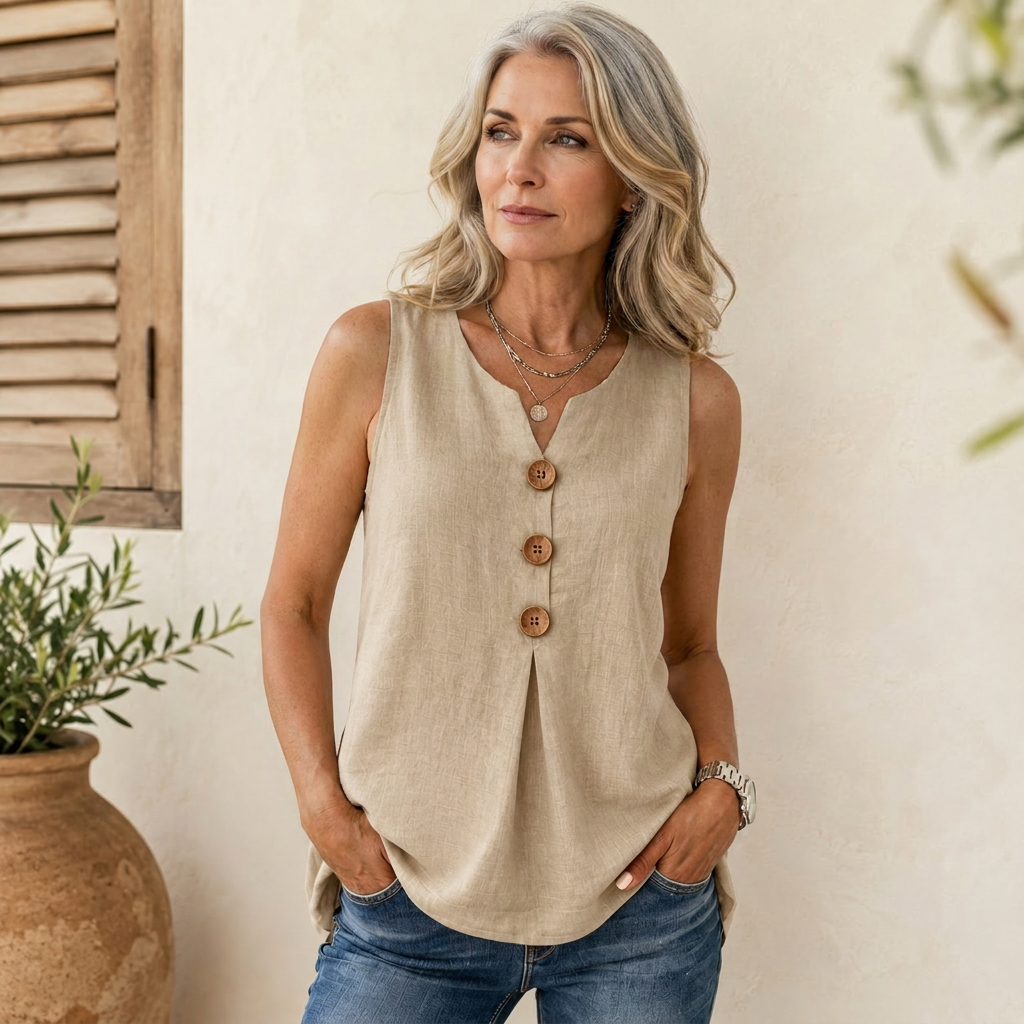 Sleeveless Button Top - Khaki
